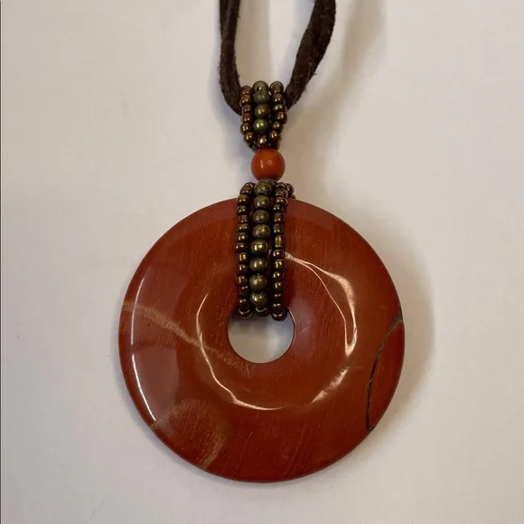 Donut Shape Gemstone Pendant Necklace with Brown Cord. 20” - Picture 2 of 2